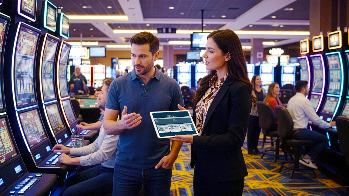 Man and Women Talking with Mobile Host on Tablet