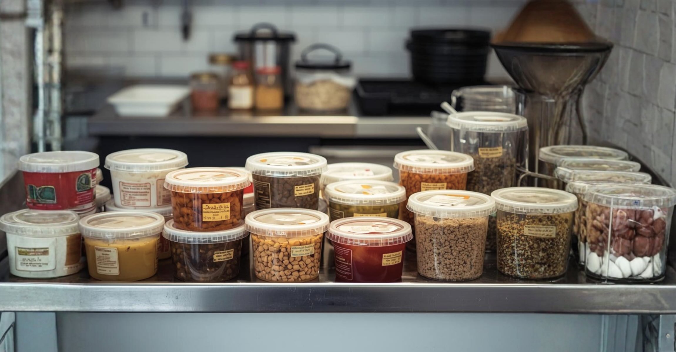 Food prep containers with labels arranged on a commercial kitchen prep station
