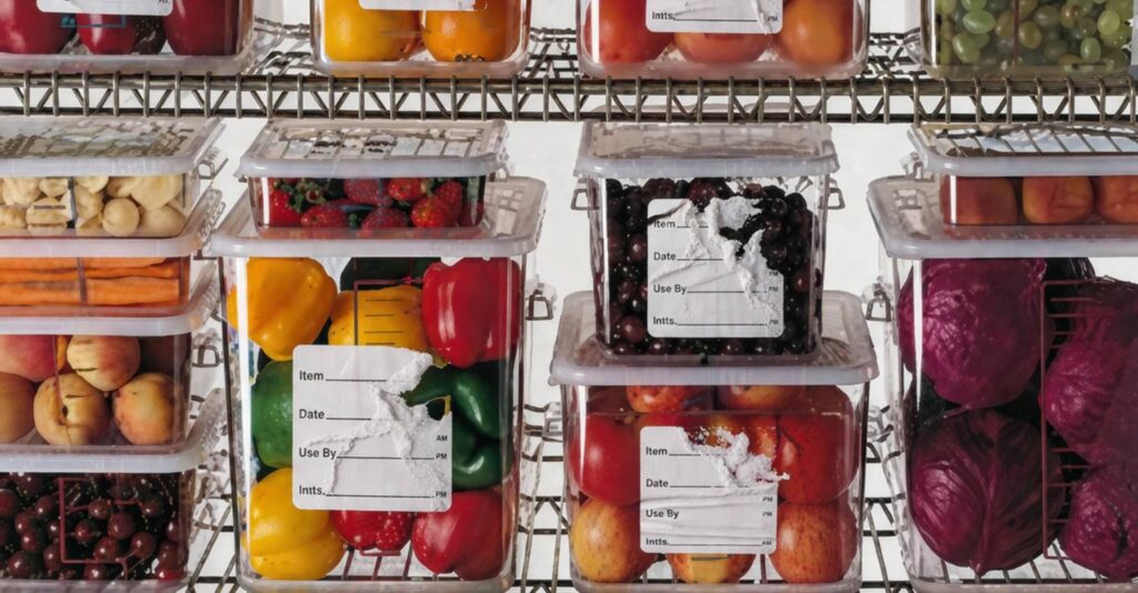 Food storage containers with partially torn labels and adhesive residue, showing the difficulty of removing traditional food prep labels in a kitchen.