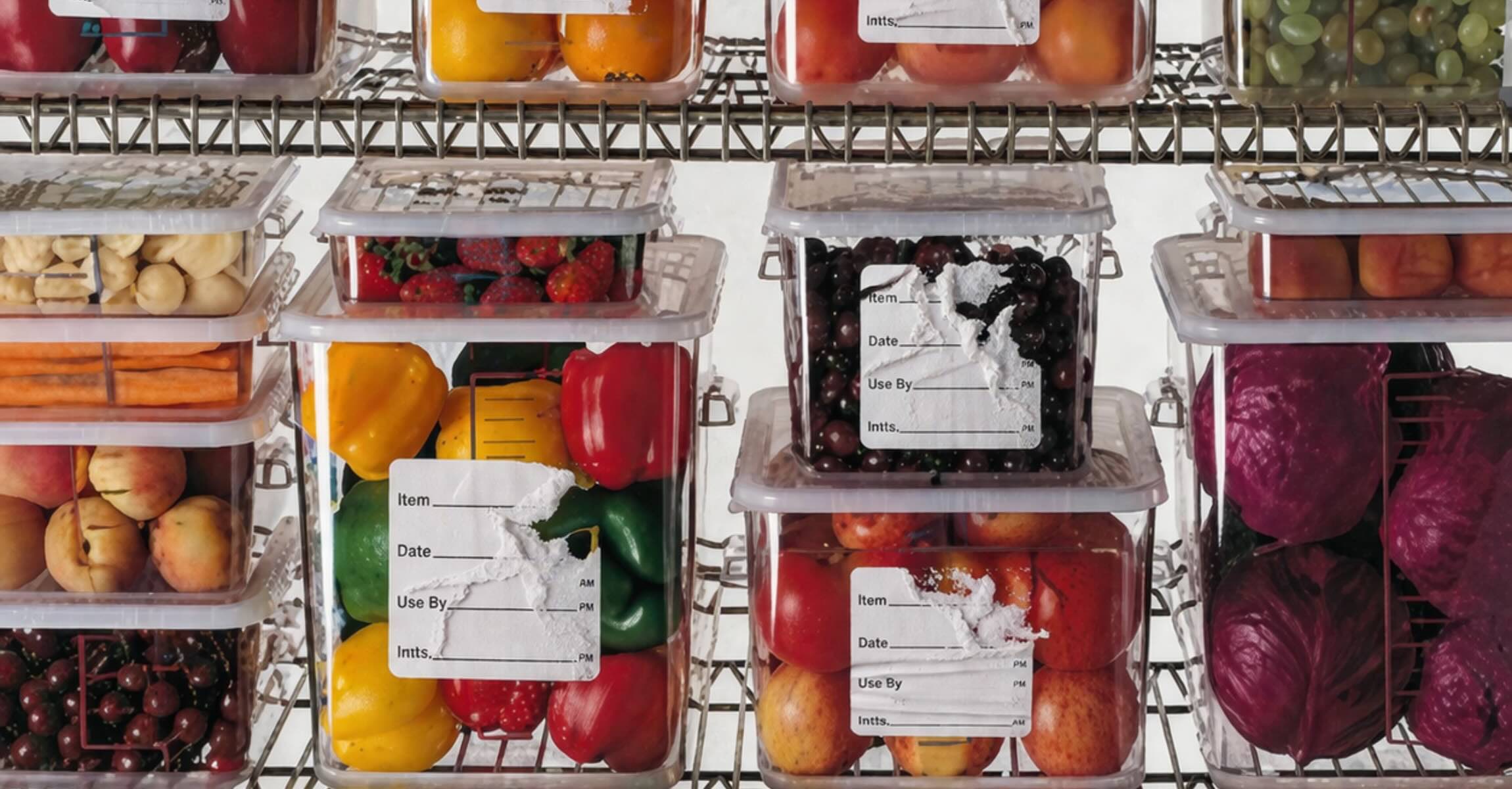 Food storage containers with partially torn labels and adhesive residue, showing the difficulty of removing traditional food prep labels in a kitchen.