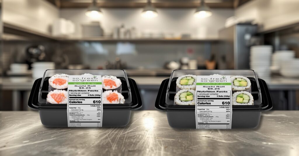 Packaged sushi rolls with printed grab-and-go food labels on a stainless steel counter in a commercial kitchen.