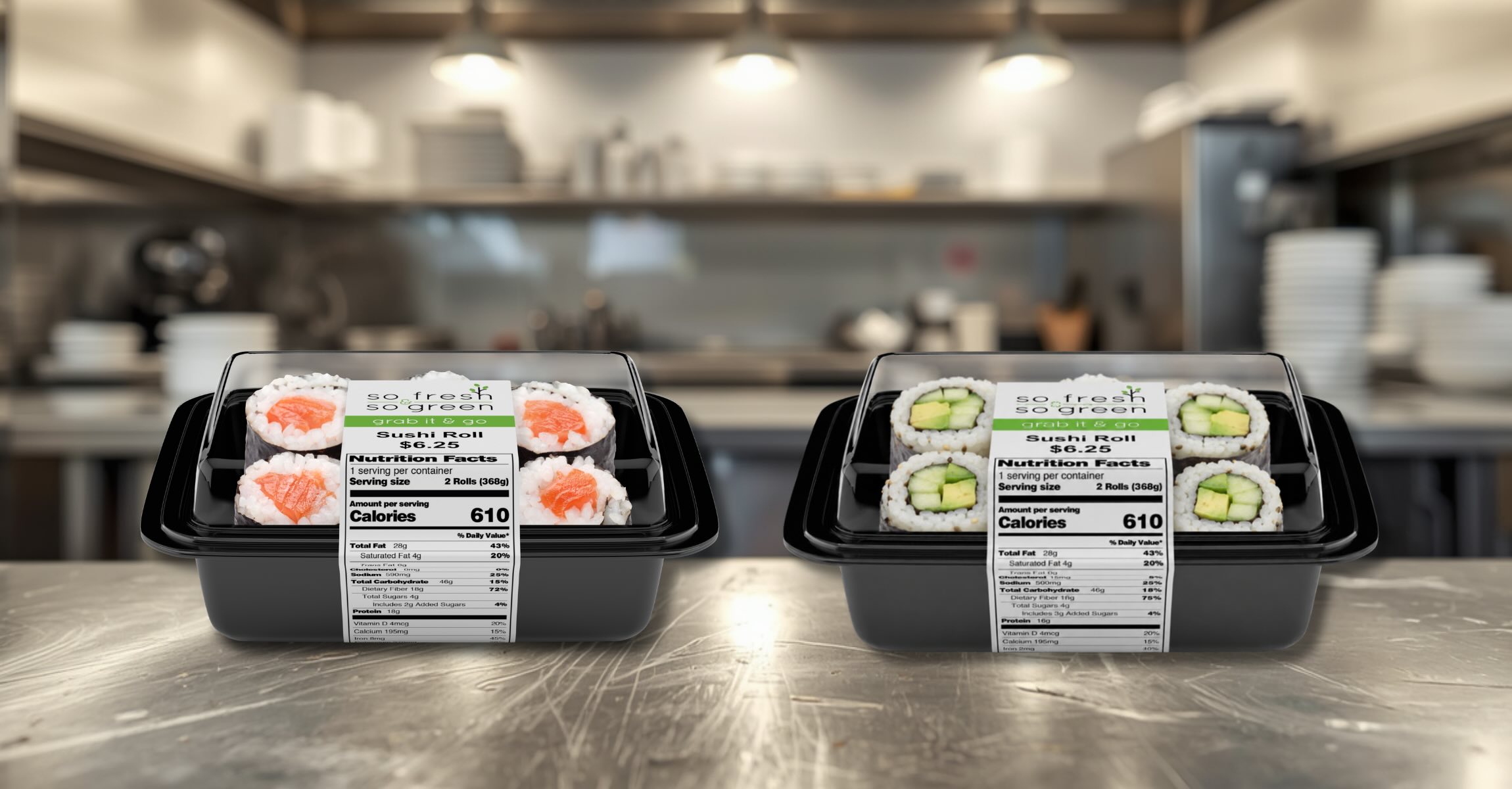 Packaged sushi rolls with printed grab-and-go food labels on a stainless steel counter in a commercial kitchen.
