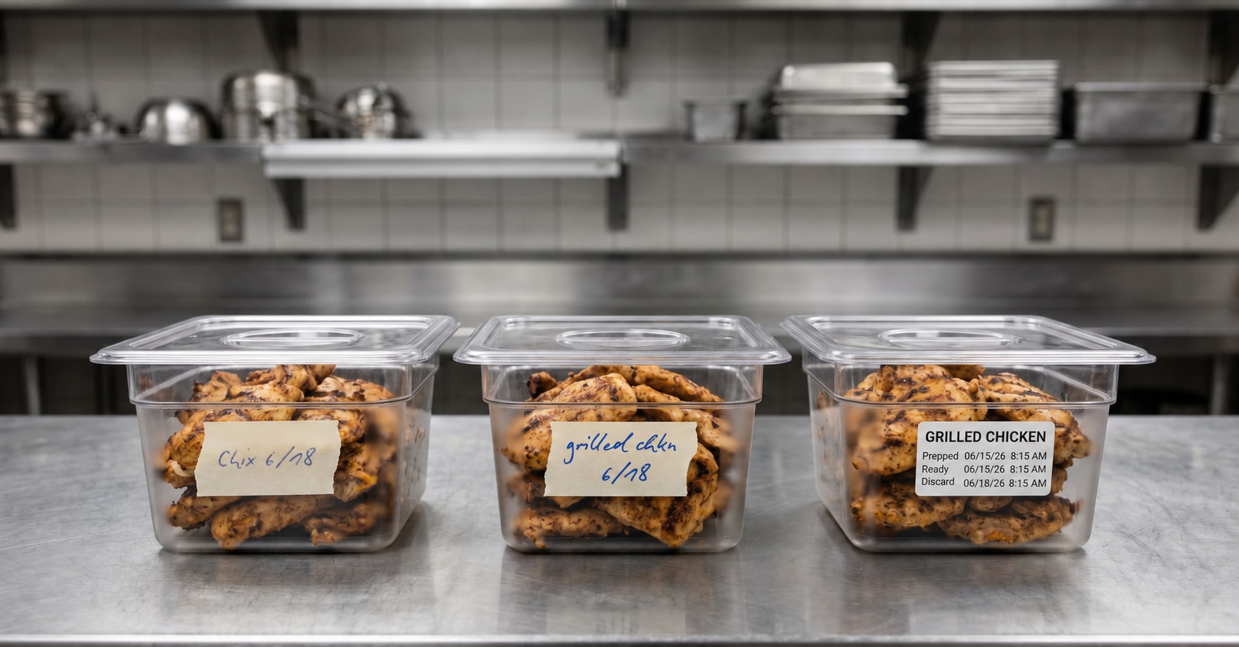 Automated Food Labeling vs. Handwritten Prep Labels Three grilled chicken prep containers compare handwritten food labels with a standardized printed prep label, illustrating the move to automated food labeling in a commercial kitchen.