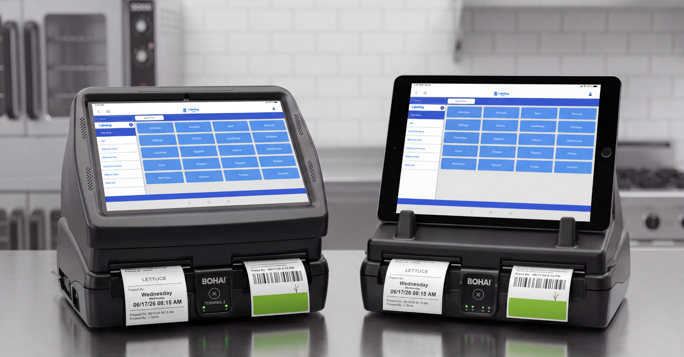 BOHA! T2 vs BOHA! WorkStation Fixed and Mobile Food Labeling Hardware BOHA! T2 and BOHA! WorkStation food labeling hardware side by side in a commercial kitchen, showing fixed and mobile labeling workflows.