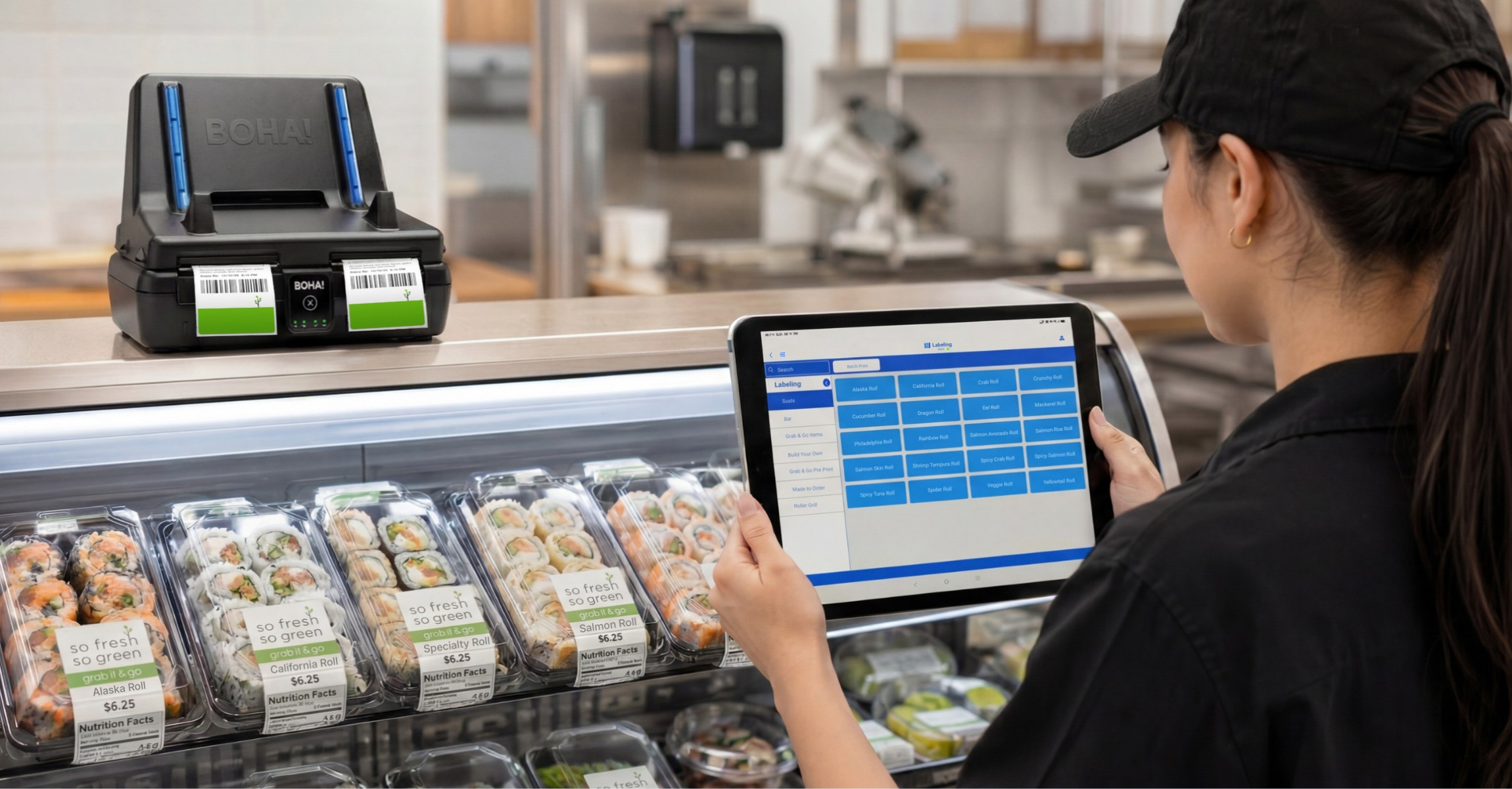 Foodservice employee using the detachable BOHA! WorkStation tablet beside a grab-and-go sushi display while the WorkStation printer base prints labels nearby.