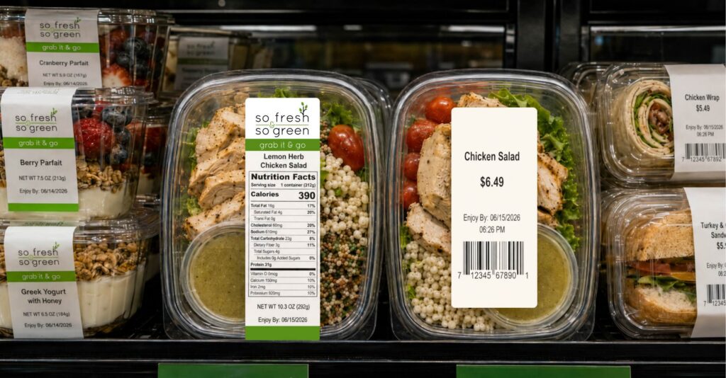 Grab-and-go food case with branded food labels and a plain blank label on packaged salads, showing how branded labels improve customer-facing food presentation.