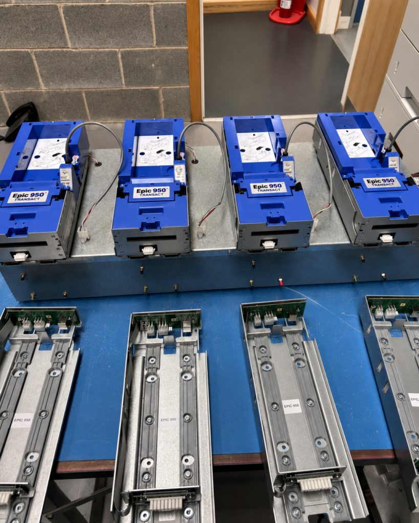 Epic 950 TITO printers arranged on a production bench during final manufacturing.