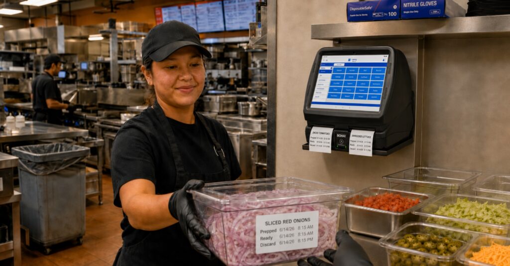 Foodservice worker handing off a labeled prep container in a quick-service restaurant kitchen, showing how food labeling supports back-of-house efficiency.