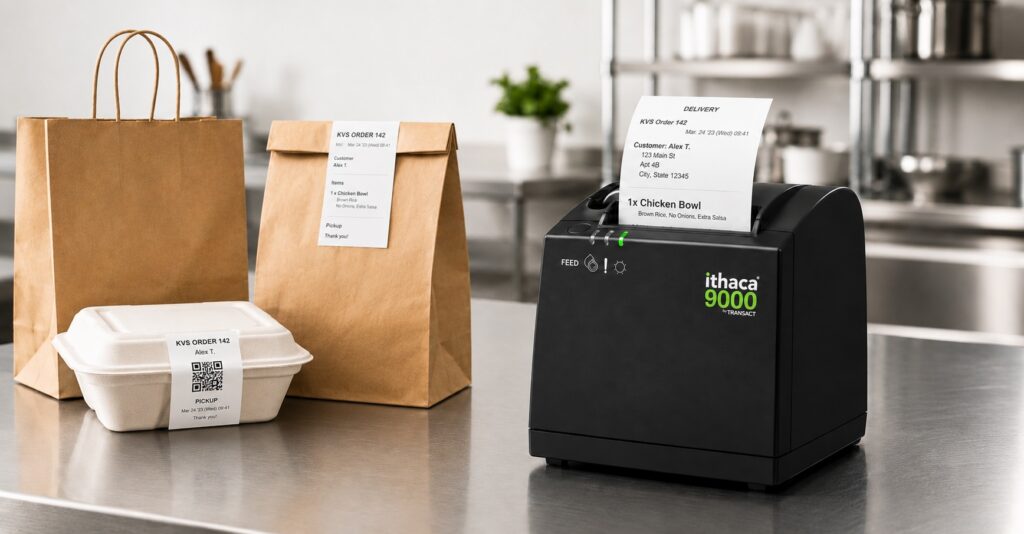 Ithaca 9000 printer producing a delivery receipt beside takeout bags and a clamshell container with a QR-code label in a commercial kitchen packaging area.